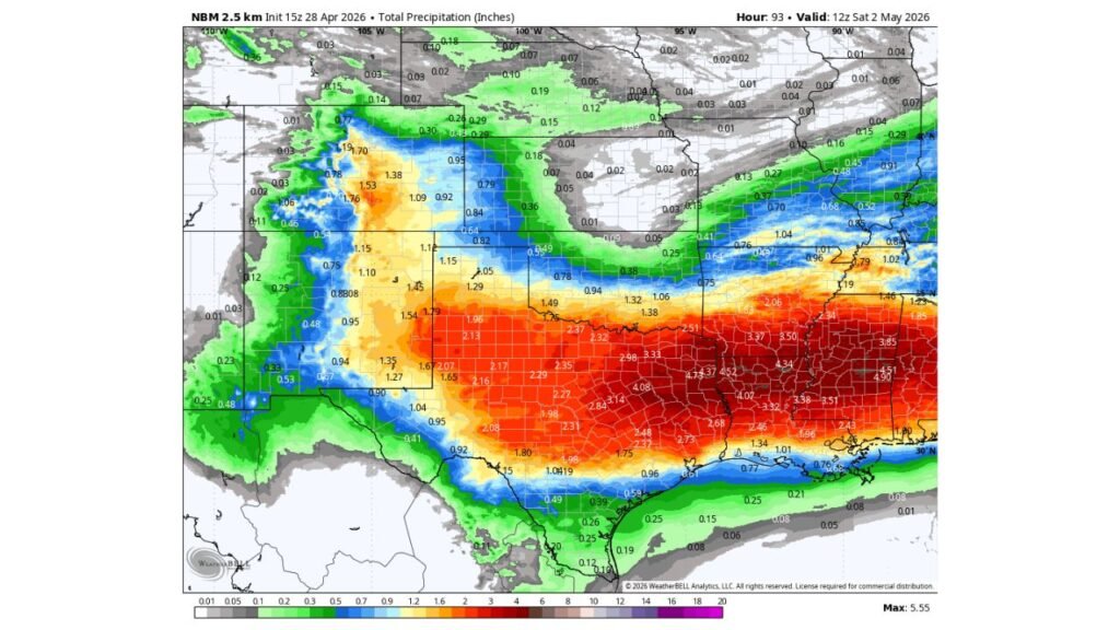 Dodge City and Clovis Farmers Warned That National Blend Model Is Overdoing Rainfall as High Plains Precipitation Gradient Poorly Resolved Through Saturday