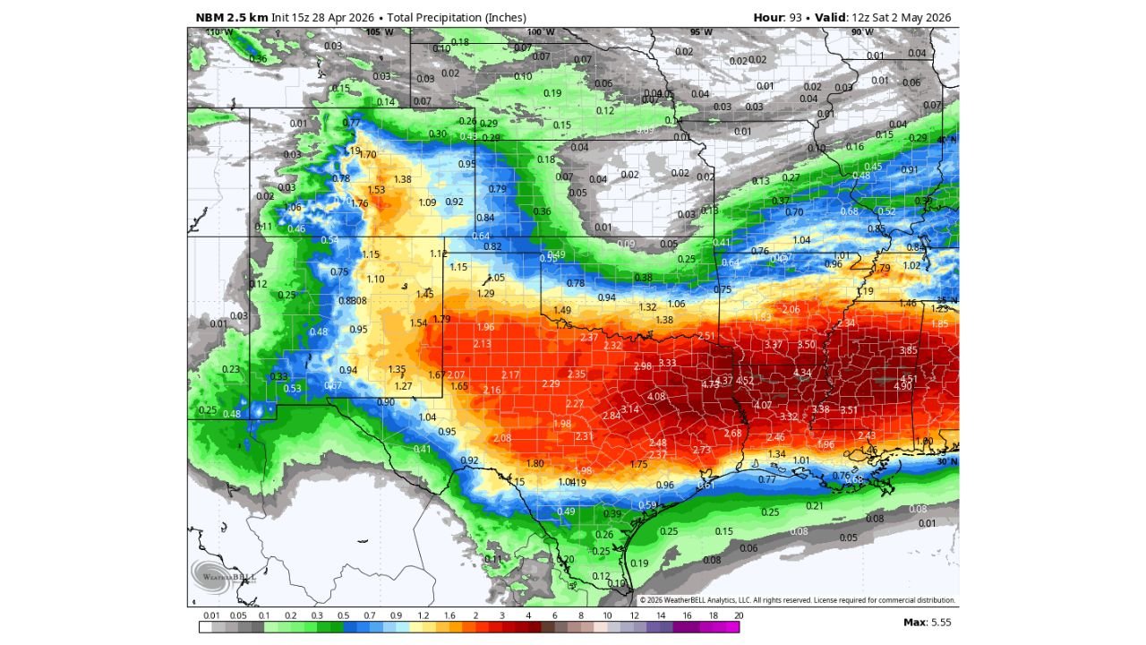 Dodge City and Clovis Farmers Warned That National Blend Model Is Overdoing Rainfall as High Plains Precipitation Gradient Poorly Resolved Through Saturday