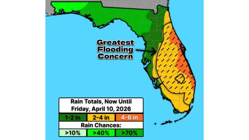 Florida Flood Alert Issued as New Rainfall Forecast Expands Inland Threat Through April 10