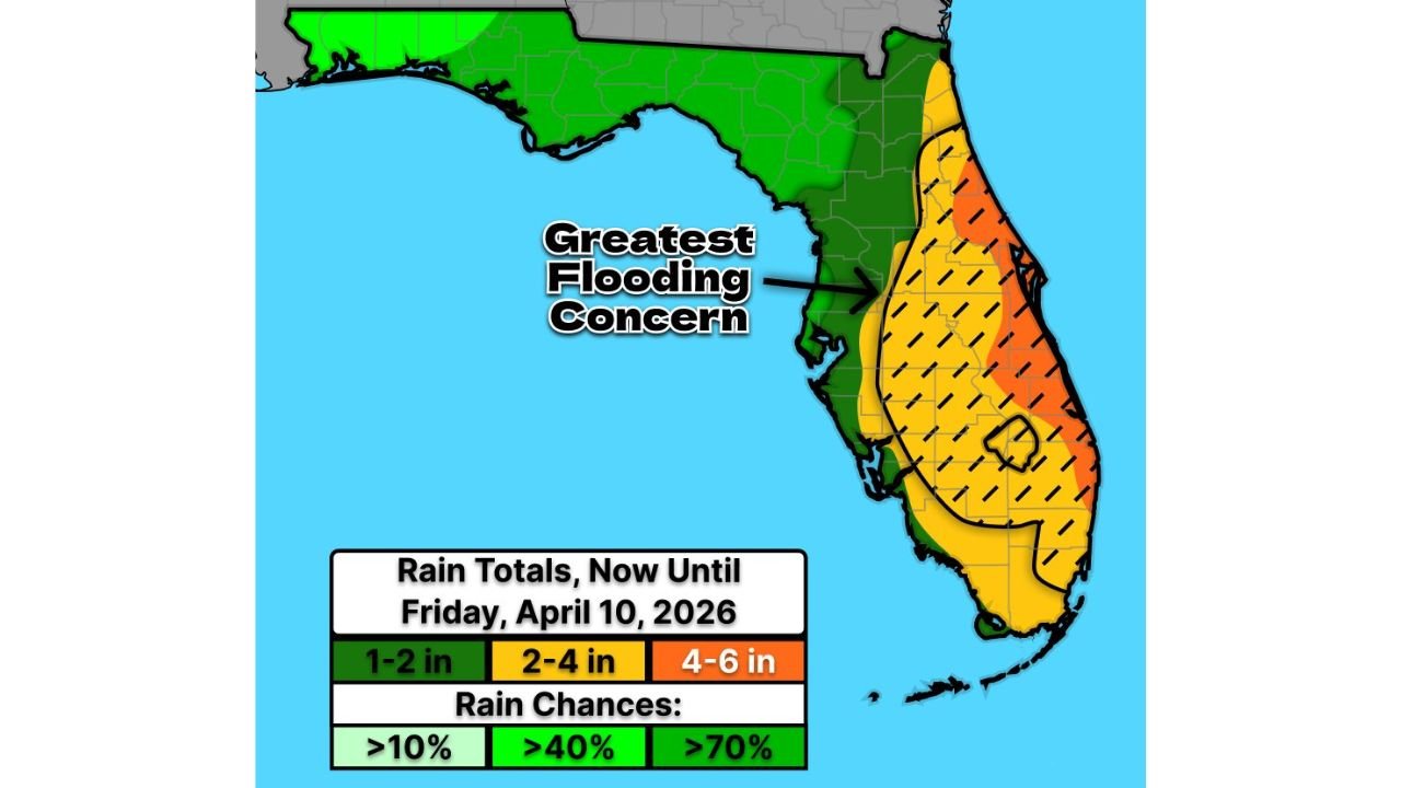 Florida Flood Alert Issued as New Rainfall Forecast Expands Inland Threat Through April 10