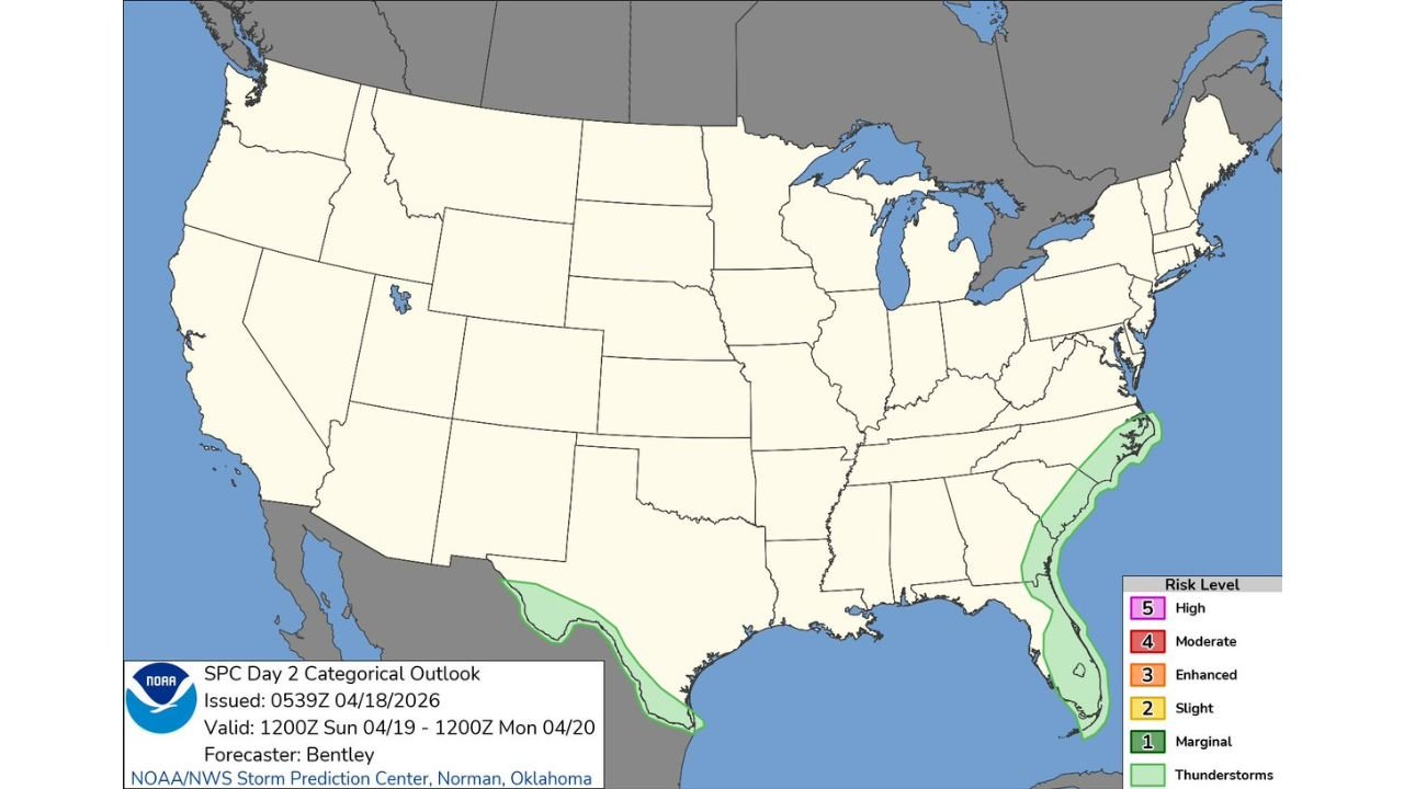 Florida, Georgia and South Carolina Face Marginal Storm Risk Sunday as Cold Front Sweeps the East Coast After Historic Midwest Outbreak