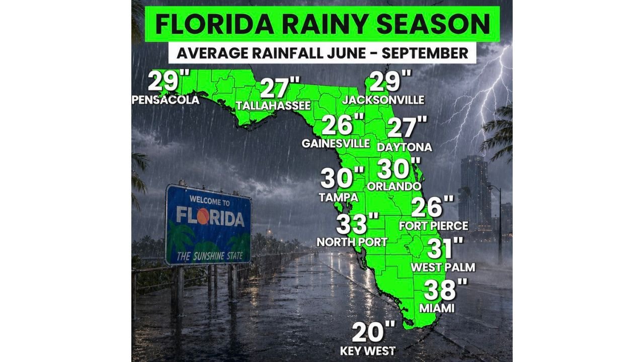 Florida Rainy Season Arrives in One Month Bringing 2 to 3 Feet of Rain Statewide as Miami Leads With 38 Inches and North Port Tops the Peninsula at 33 Inches