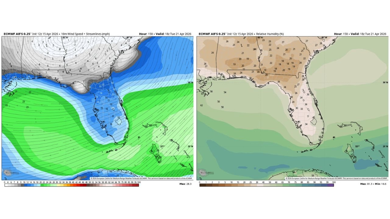 Florida Wildfire Threat Tuesday as Humidity Crashes Below 40% and Winds Hit 20 mph Across the Peninsula