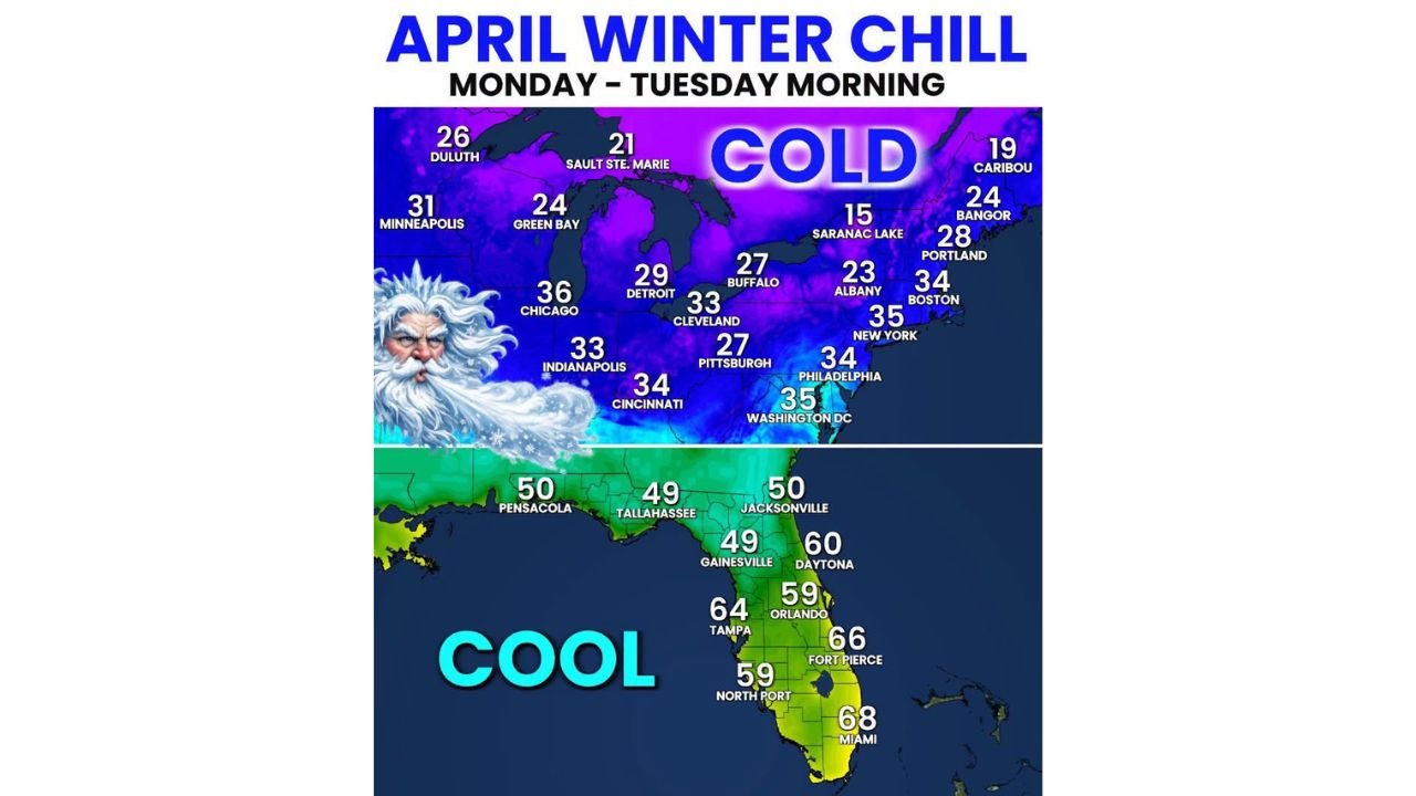 Great Lakes and Northeast Face Freezing Temperatures Monday as April Cold Blast Drops Buffalo to 27 Pittsburgh to 27 and Saranac Lake to 15 Degrees
