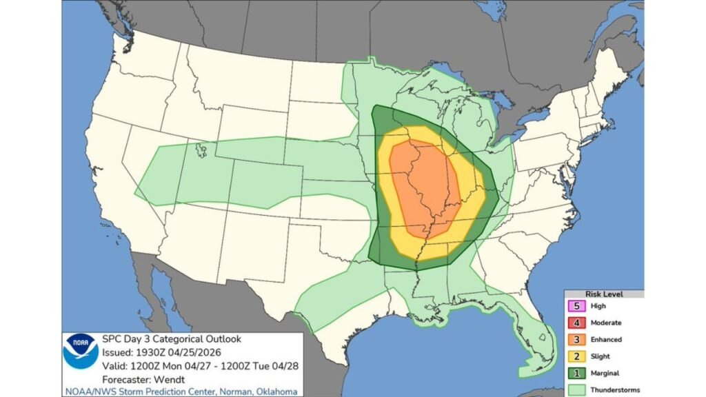 Illinois, Indiana and Kentucky Face Level 3 Enhanced Risk Severe Outbreak With Strong Long-Tracked Tornadoes Possible Monday as 60% Severe Weather Probability Covers the Midwest and Mid-South