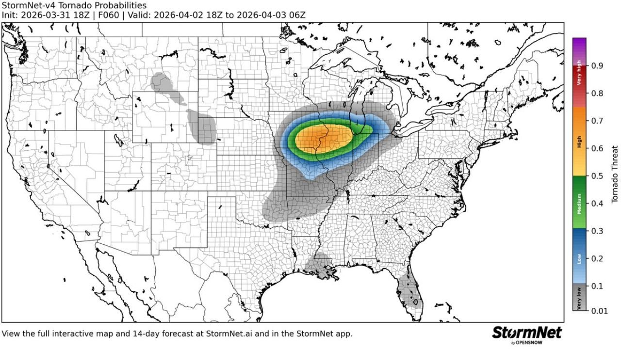 Illinois, Indiana and Michigan Face High to Very High Tornado Threat Thursday April 2 as StormNet AI Model Shows Concentrated Danger Zone From Chicago Through Indianapolis to Detroit