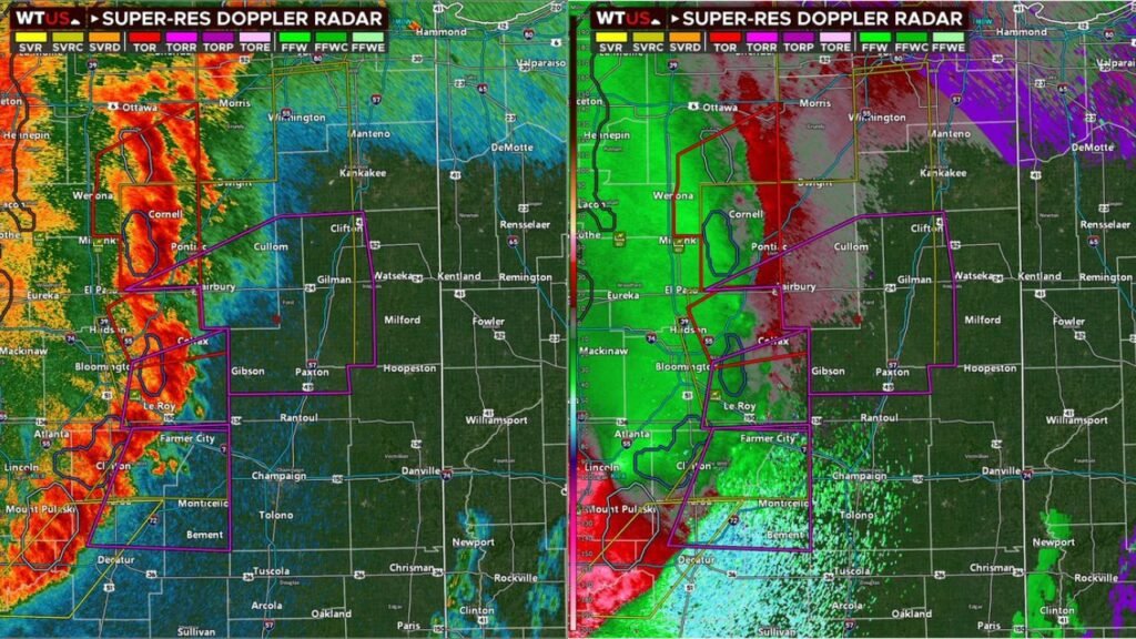 Illinois Tornado Emergency Now as Dangerous QLCS Line Producing Embedded Tornadoes and 70 mph Winds Slams Pontiac Bloomington and Decatur