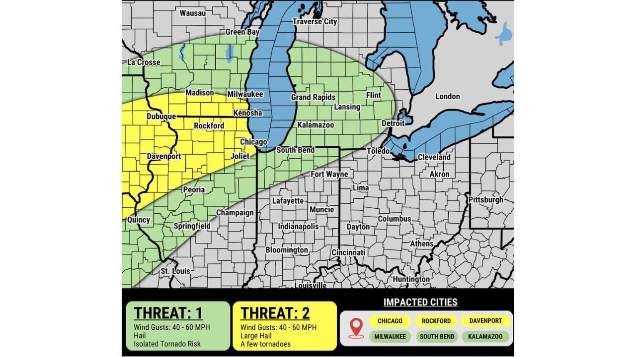 Illinois, Wisconsin and Michigan Severe Weather Alert New Tuesday Storm Risk Targets Chicago Milwaukee and Grand Rapids With Tornado Threat
