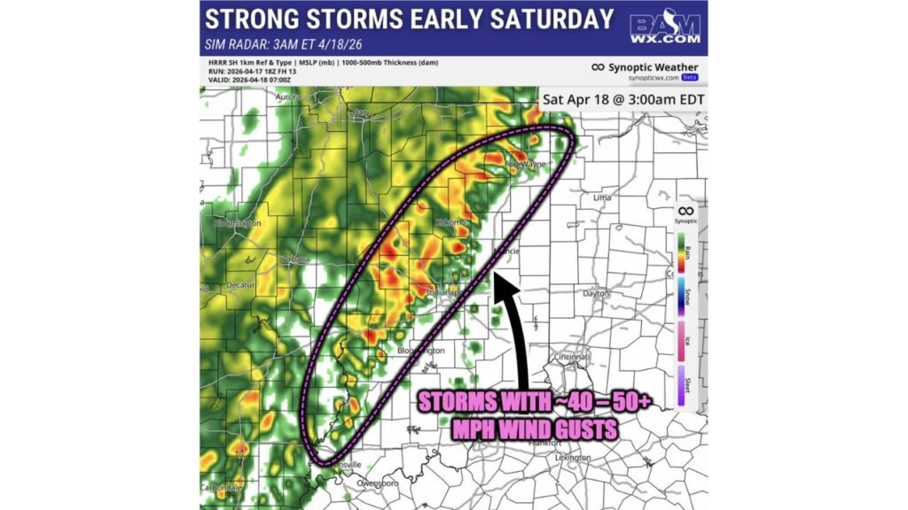 Indiana Braces for 50 mph Wind Gusts and Lightning Before Sunrise Saturday as Strong Storms Target Indianapolis Fort Wayne and Kokomo at 3 AM