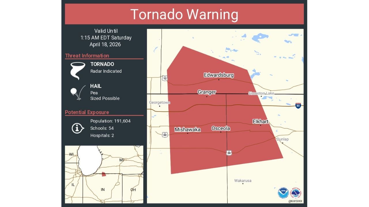 Indiana Tornado Warning Now for Elkhart Mishawaka and Osceola Until 115 AM Saturday Putting 191,000 Residents in Immediate Danger