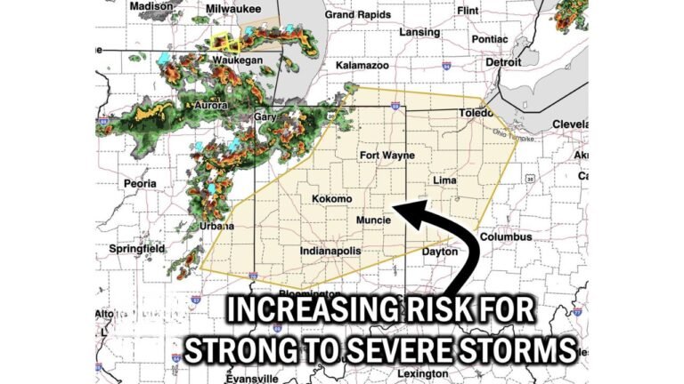 Indiana and Ohio Face Increasing Risk of Strong to Severe Storms This Afternoon as Thunderstorm Cluster Moves East From Illinois Bringing 50 to 60 mph Wind Gusts Toward Fort Wayne, Indianapolis, Dayton and Toledo