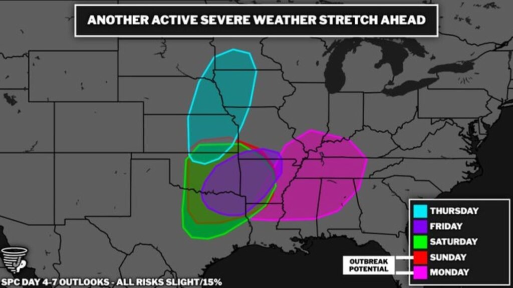 Iowa, Illinois, Missouri and Tennessee Brace for 5 Straight Days of Tornadoes Hail and Damaging Winds From Thursday Through Monday