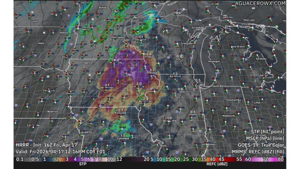 Iowa and Minnesota Face Imminent Tornado and Large Hail Threat This Afternoon as STP Hits 4.3 Near Mason City and Storms Fire Along the Cold Front