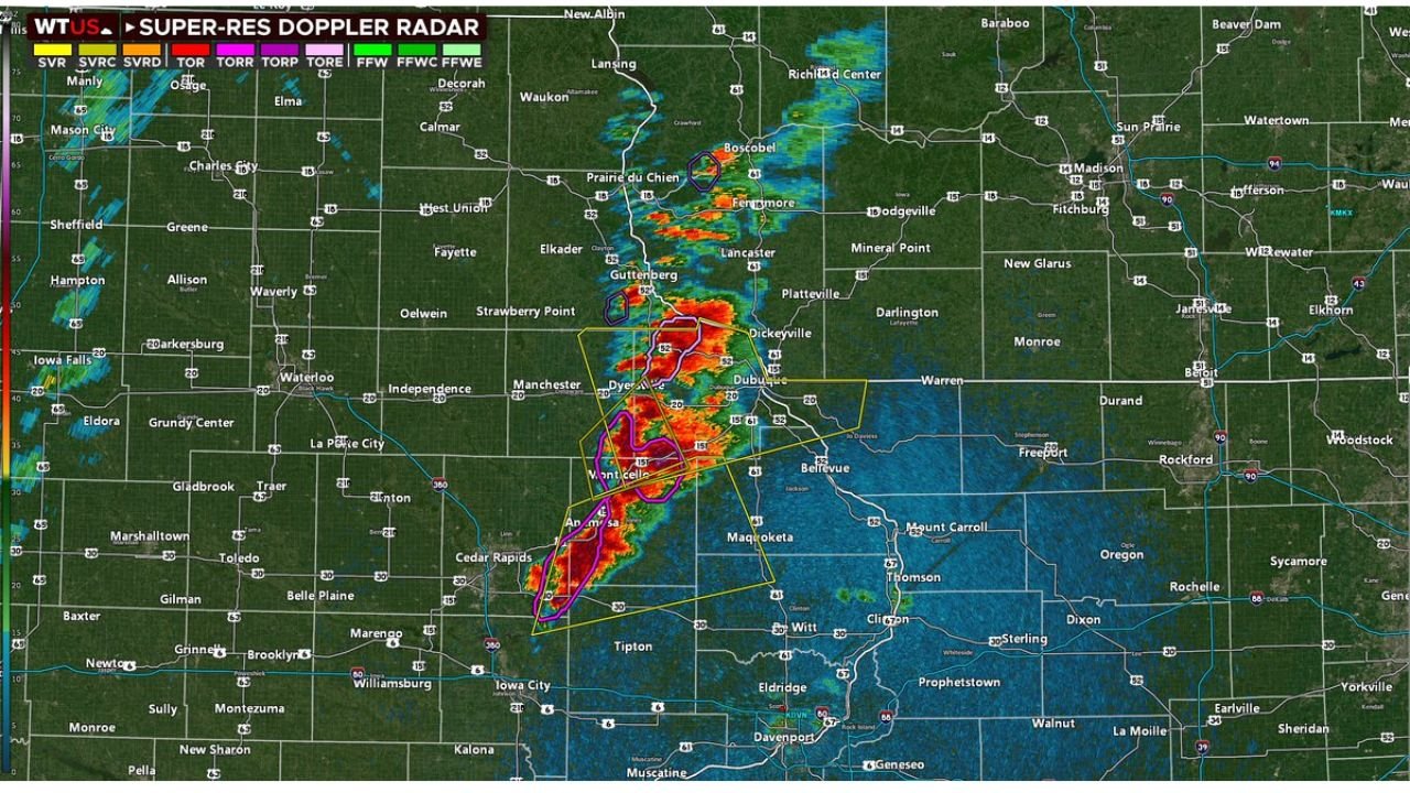 Iowa and Wisconsin Tornado Emergency Now as Severe Warned Storms With Large Hail and Strong Tornadoes Strike Dubuque Dyersville and Monticello This Afternoon