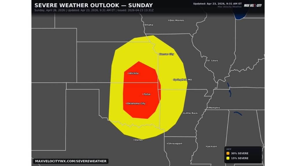 Kansas, Oklahoma and Missouri Severe Weather Outbreak Sunday as Wichita, Tulsa and Oklahoma City Enter the High-End Red Zone