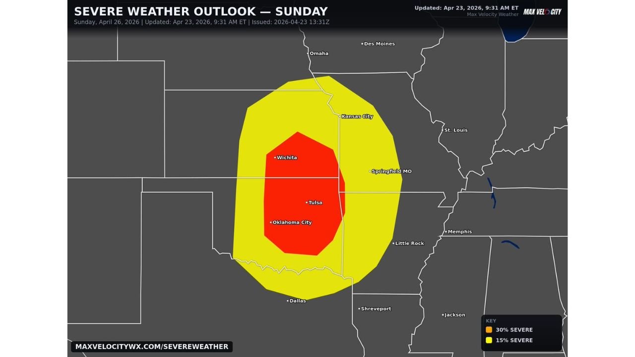 Kansas, Oklahoma and Missouri Severe Weather Outbreak Sunday as Wichita, Tulsa and Oklahoma City Enter the High-End Red Zone