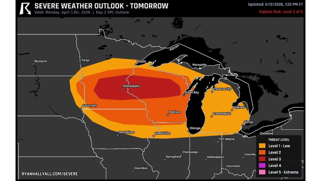 Level 3 Enhanced Risk Confirmed for Minneapolis Monday as Baseball Sized Hail, Damaging Winds and Strong Tornadoes After Dark Threaten Minnesota, Wisconsin and Michigan
