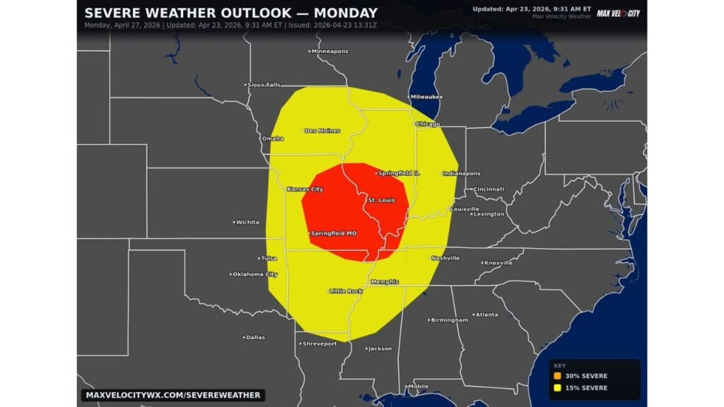 Missouri, Illinois and Arkansas Monday Severe Weather Outbreak Targets St. Louis and Springfield as Plains Storm Parade Rolls East
