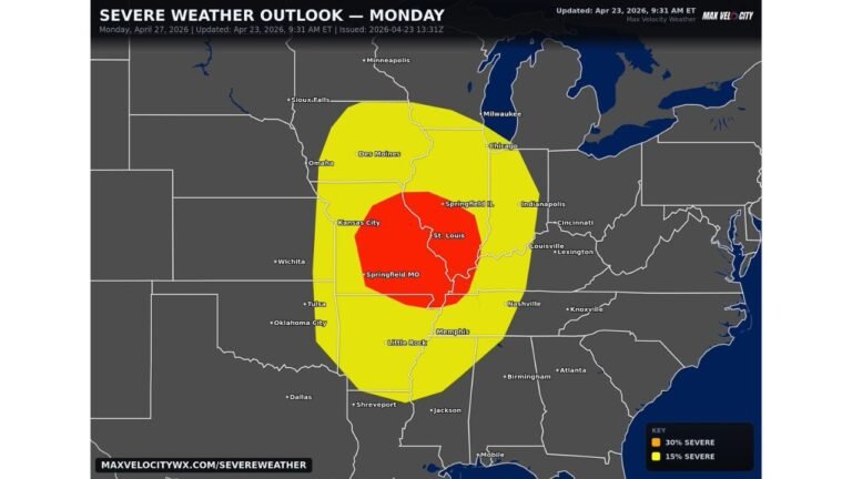 Missouri, Illinois and Arkansas Monday Severe Weather Outbreak Targets St. Louis and Springfield as Plains Storm Parade Rolls East