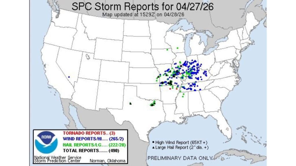 Monday April 27 Storms Generate 490 Total Reports Across Illinois, Indiana and Kentucky as Cap Limits Tornado Potential but 265 Wind Reports Confirm Widespread Damage