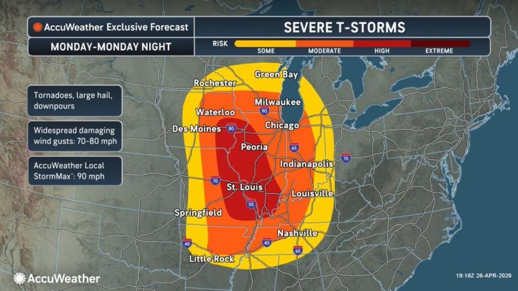 Multiday Severe Weather Outbreak Reaches Crescendo Monday With Monstrous Hail, Strong Tornadoes and 90 mph Wind Gusts Threatening Tens of Millions From Springfield to Chicago