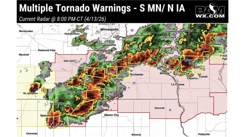 Multiple Tornado Warnings Active Across Southern Minnesota and Northern Iowa Monday Night With Confirmed Tornado Just Southeast of Spencer Iowa as Storms Pound Mankato, Albert Lea, Fairmont and Mason City