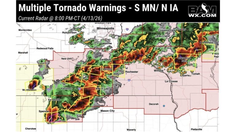 Multiple Tornado Warnings Active Across Southern Minnesota and Northern Iowa Monday Night With Confirmed Tornado Just Southeast of Spencer Iowa as Storms Pound Mankato, Albert Lea, Fairmont and Mason City