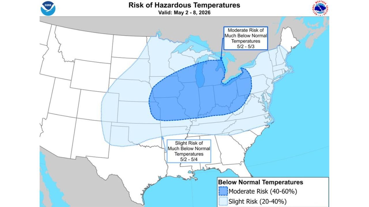 NOAA Flags Illinois, Indiana and Michigan for Hazardous Cold May 2 Through 8 as Near-Freezing Lows Threaten Early Blooming Crops Across the Great Lakes