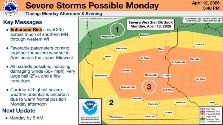 National Weather Service Issues Enhanced Risk for Minnesota and Wisconsin Monday as 70 mph Winds, 2 to 3 Inch Hail and Strong Tornadoes Threaten Minneapolis, St. Paul and Eau Claire Between 4pm and 6pm