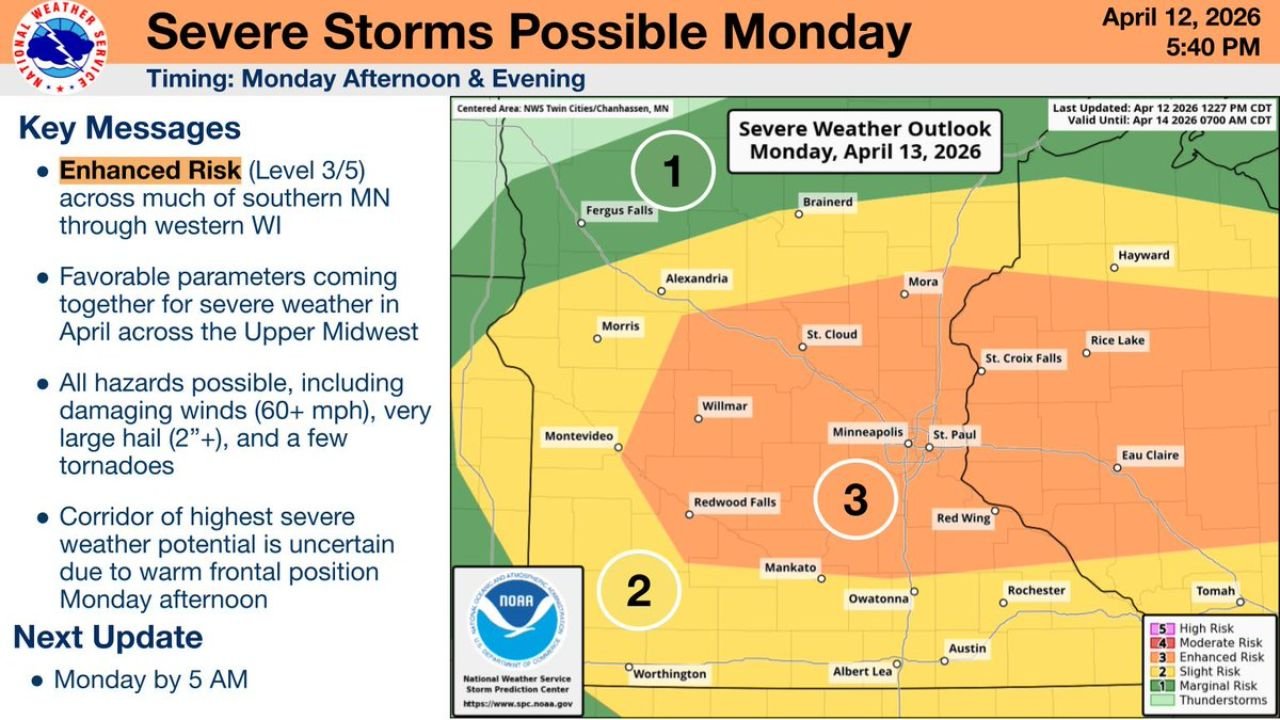 National Weather Service Issues Enhanced Risk for Minnesota and Wisconsin Monday as 70 mph Winds, 2 to 3 Inch Hail and Strong Tornadoes Threaten Minneapolis, St. Paul and Eau Claire Between 4pm and 6pm