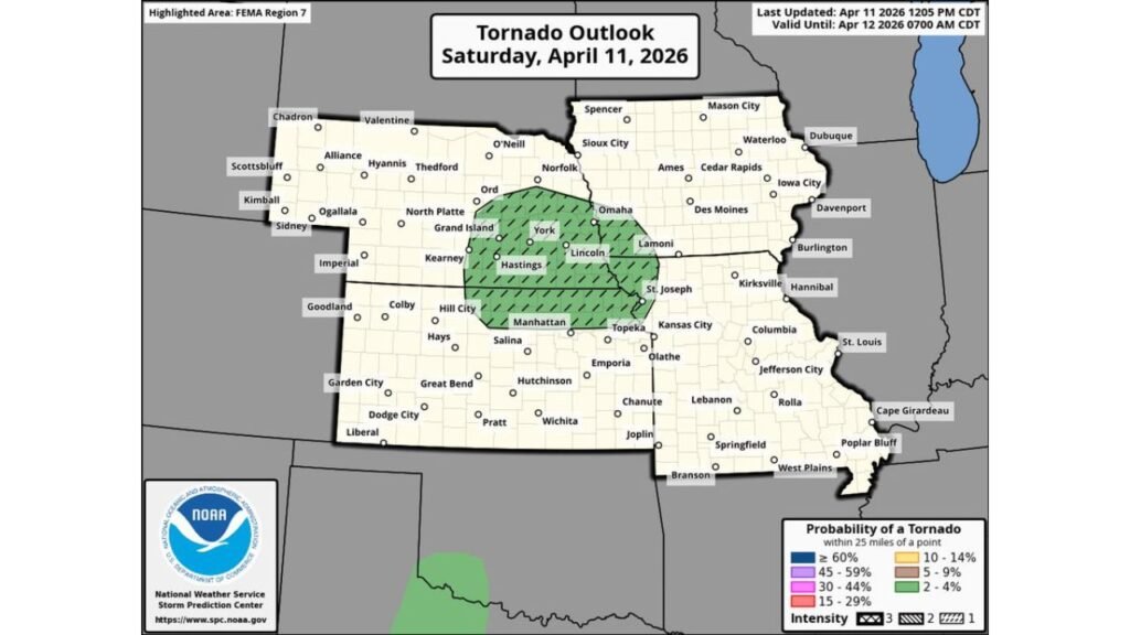 Nebraska and Kansas Tornado Watch Saturday as Supercells Capable of Strong Tornadoes and Large Hail Target Grand Island, Hastings, Topeka and Kansas City