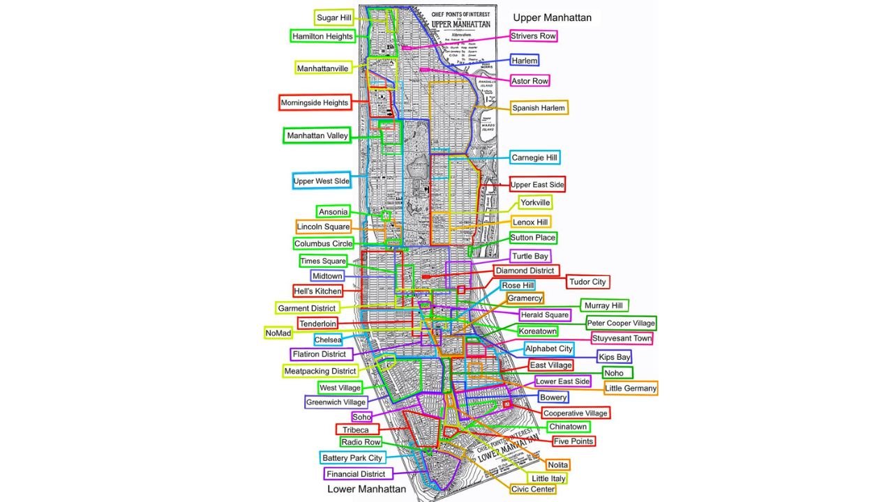 Manhattan Neighborhood Map Highlights Over 50 Historic And Modern Areas Across New York City So Residents And Visitors Can Better Understand Local Districts