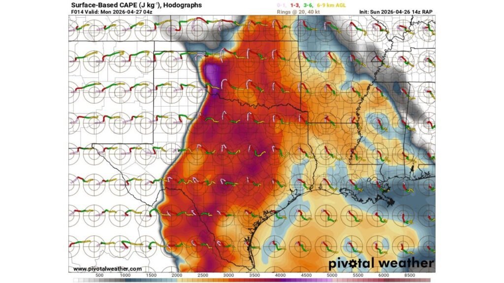 Nocturnal Tornado Threat Tonight Resembles Historic Violent Outbreak Environments as Surface CAPE Exceeds 4000 J/kg and Hodographs Signal Strong to Violent Deviant Tornadoes