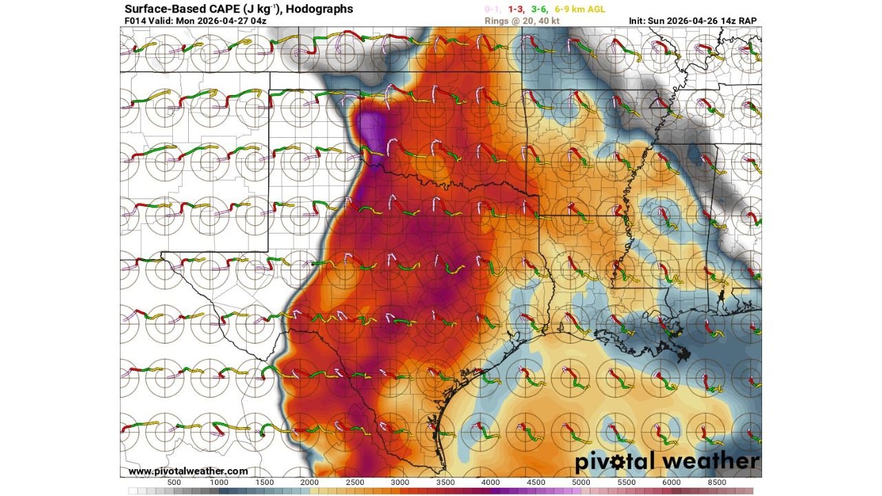 Nocturnal Tornado Threat Tonight Resembles Historic Violent Outbreak Environments as Surface CAPE Exceeds 4000 J/kg and Hodographs Signal Strong to Violent Deviant Tornadoes