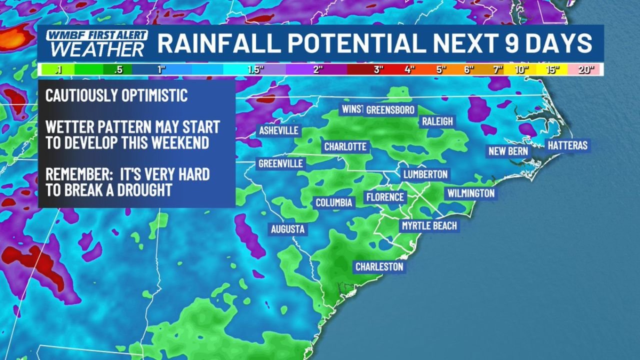 North Carolina and South Carolina Finally See Rain Chances This Weekend But Need 10 to 20 Inches Over Months to Break Historic Drought
