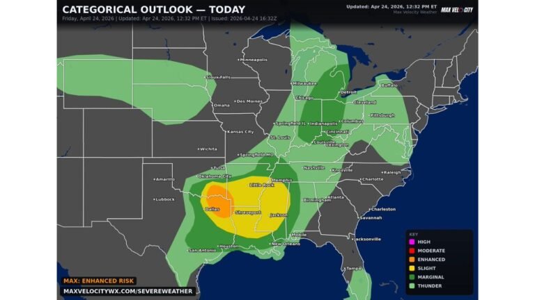 Northeast Texas and Southeast Oklahoma Upgraded to Enhanced Risk Today as 2-Inch Hail and Tornadoes Target Dallas, Shreveport and Little Rock