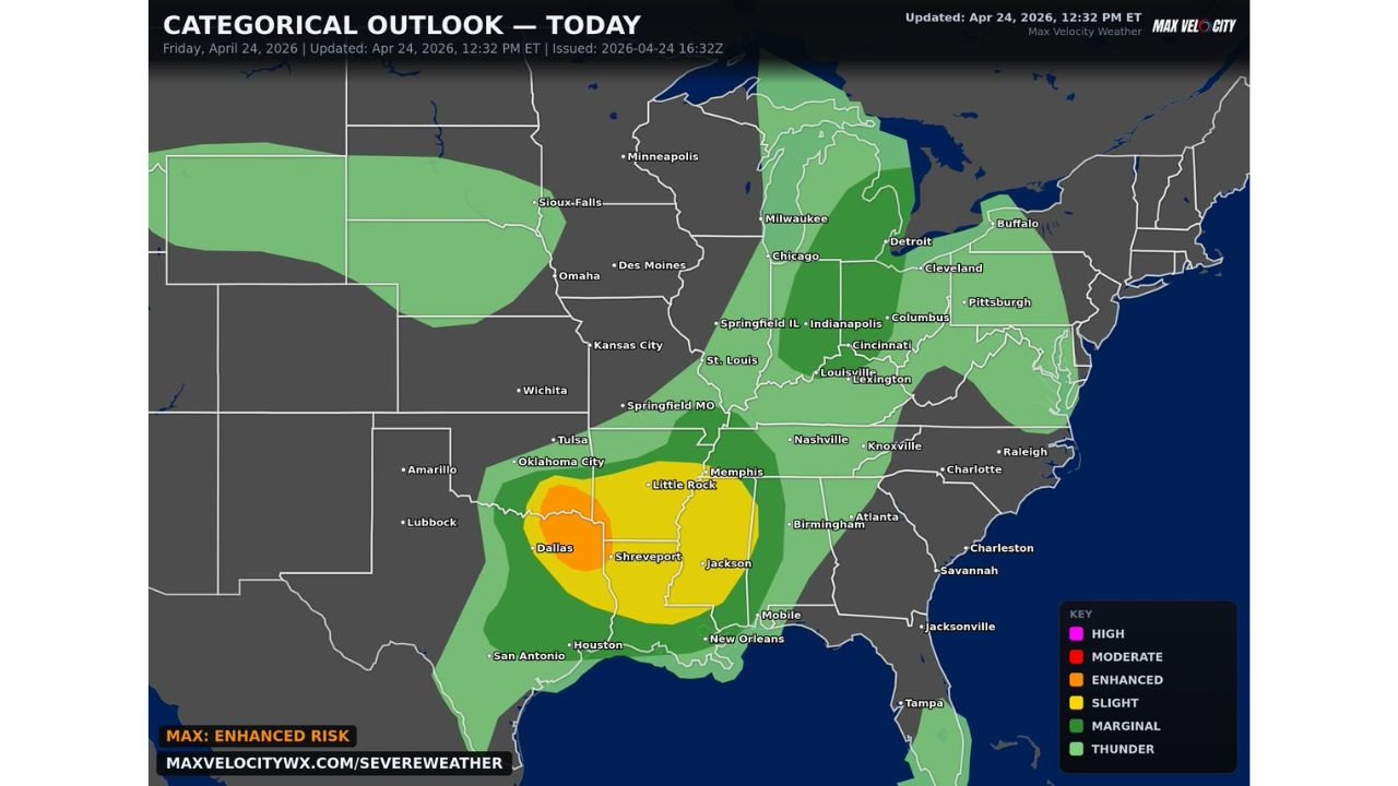 Northeast Texas and Southeast Oklahoma Upgraded to Enhanced Risk Today as 2-Inch Hail and Tornadoes Target Dallas, Shreveport and Little Rock