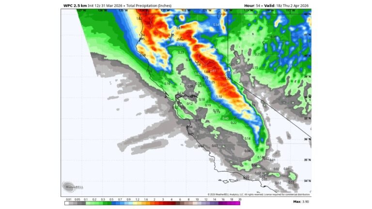 Northern California and the Sierra Nevada Face Up to 2 Inches of Rain and 6 to 21 Inches of Snow Above 8000 Feet by Thursday Morning as Models Trend Wetter