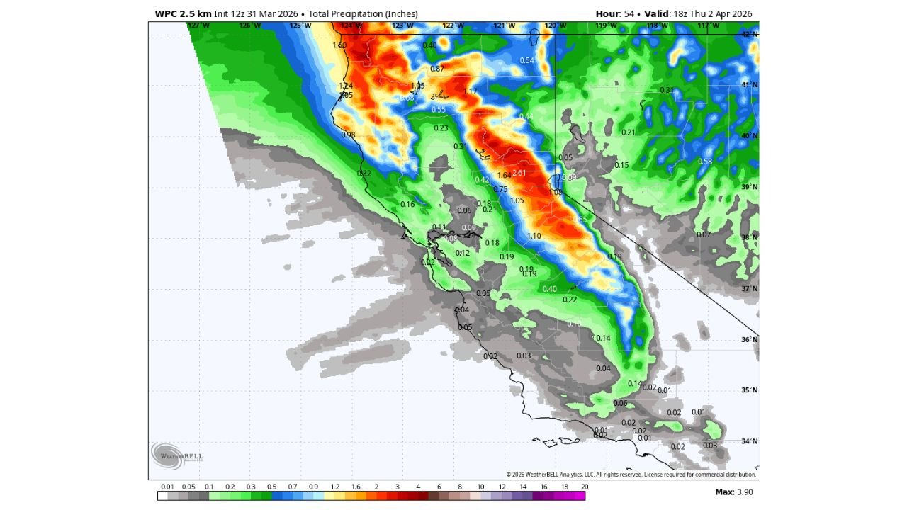 Northern California and the Sierra Nevada Face Up to 2 Inches of Rain and 6 to 21 Inches of Snow Above 8000 Feet by Thursday Morning as Models Trend Wetter