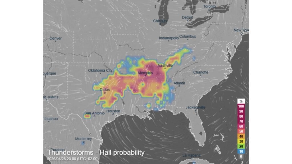Northern Texas Through Arkansas, Mississippi, Tennessee and Kentucky Face Very High Hail Probability Today as Supercell Thunderstorms Fire Along Major Cold Front