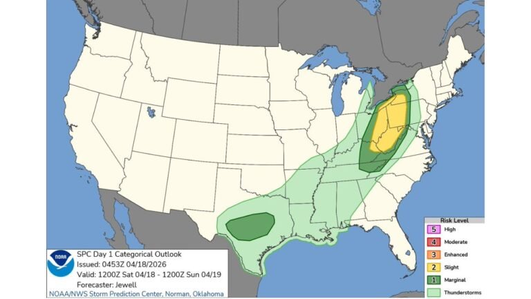 Ohio, Indiana and Pennsylvania Face Slight Risk Severe Storms Saturday as Outbreak Squall Line Targets Columbus Pittsburgh and Cleveland