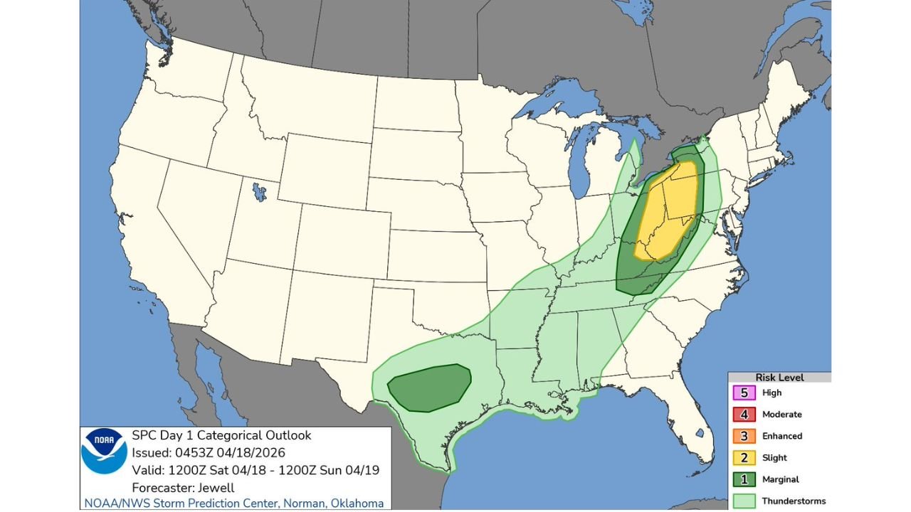 Ohio, Indiana and Pennsylvania Face Slight Risk Severe Storms Saturday as Outbreak Squall Line Targets Columbus Pittsburgh and Cleveland