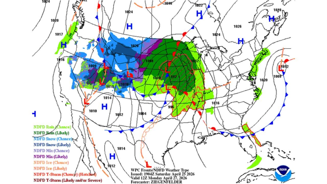 Oklahoma, Arkansas, Louisiana and Texas Border Region Soaked by Active Thunderstorms as New Low Pressure Shifts Heavy Rain North Into the Plains and Midwest Through Monday