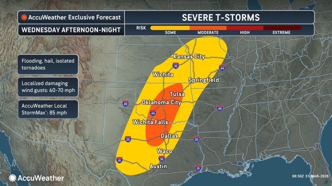 Oklahoma City, Dallas, Tulsa and Wichita Face High Risk of Severe Thunderstorms Wednesday Afternoon and Night as AccuWeather Warns of 85 mph Wind Gusts, Large Hail and Tornadoes