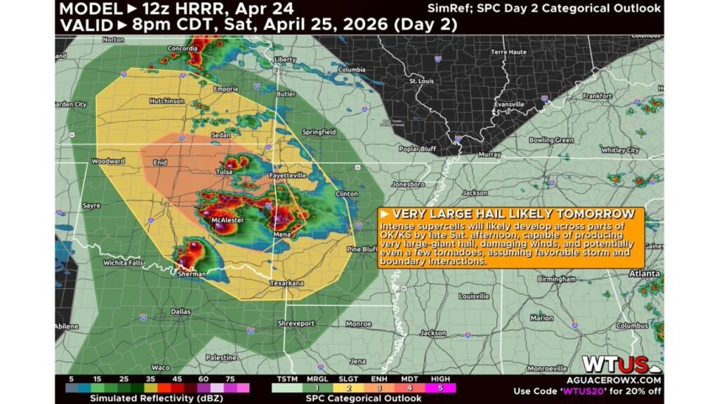 Oklahoma, Kansas, Arkansas and Texas Face Giant Hail Up to 3 Inches and 75 mph Winds Saturday With Strong Tornadoes Possible if Boundary Interactions Line Up