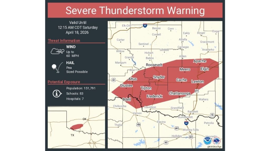 Oklahoma Severe Thunderstorm Warning Now for Lawton Altus and Frederick Until 12:15 AM as 60 mph Winds and Hail Hit 151,000 Residents