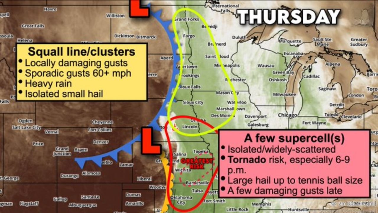 Oklahoma and Kansas Face Supercells With Tennis Ball Hail and Tornadoes Thursday Evening as 60 mph Squall Line Targets Iowa and Minnesota