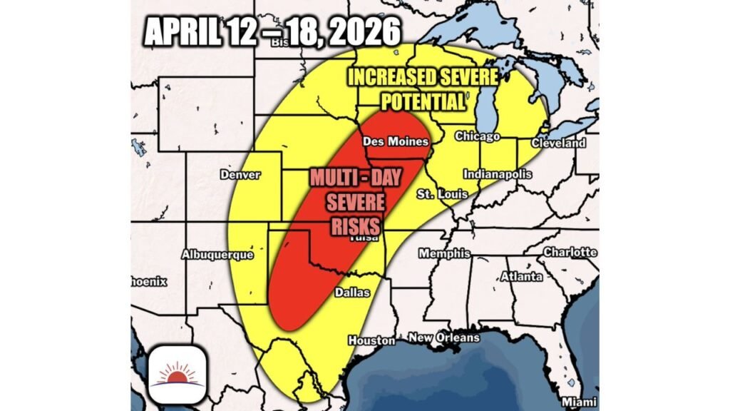 Plains to Midwest Put on Alert as Multi Day Severe Weather Threat Builds April 12 to April 18 Across Texas Oklahoma Kansas Missouri Illinois and Iowa