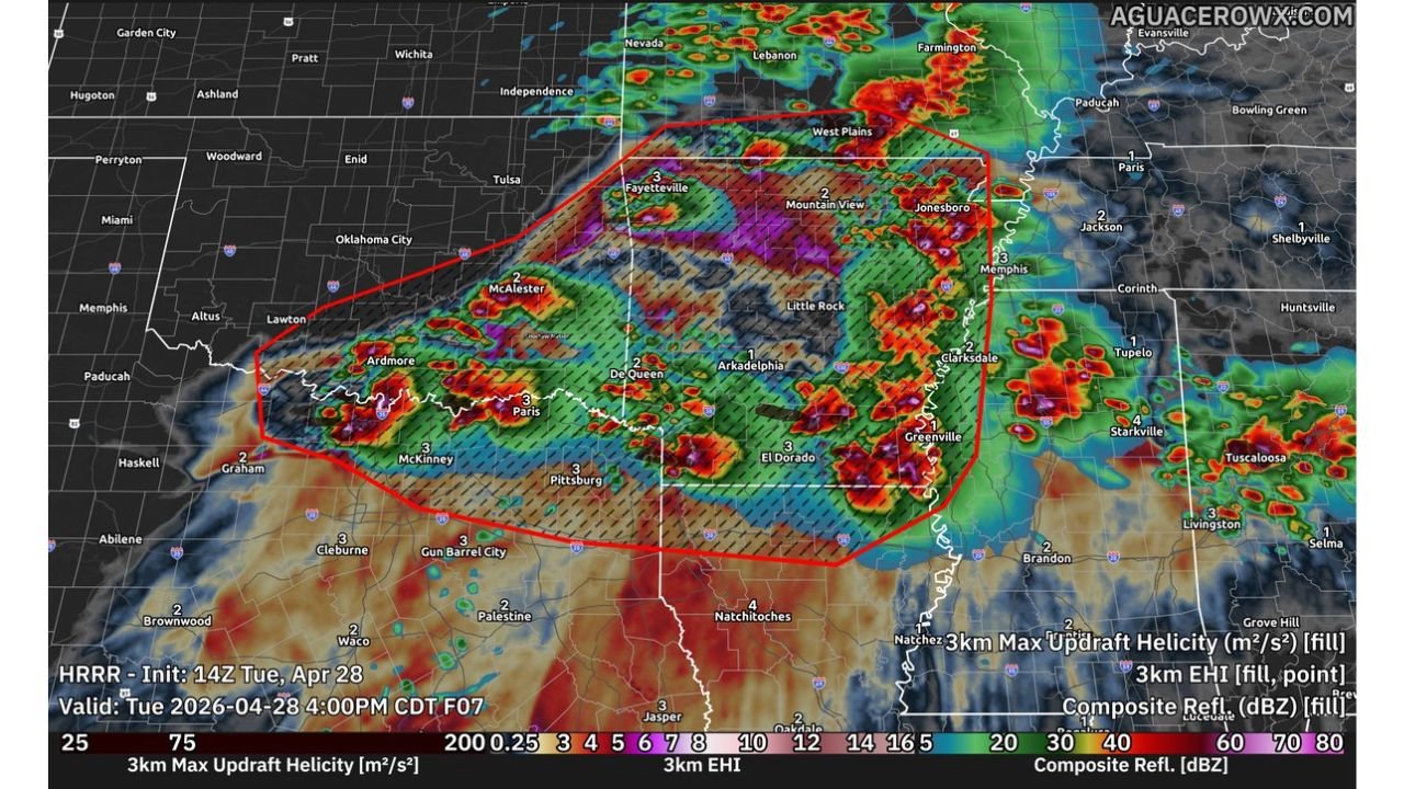 Red River Valley, Arklatex and Ozarks Face 3 to 4 Inch Destructive Hail as CAPE Exceeds 5000 J/kg and MCS Threatens 60 to 80 mph Winds After Dark