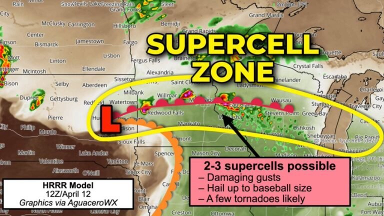 Rotating Supercells With Baseball Sized Hail and EF2 Tornadoes Likely Monday Across Minnesota and Wisconsin as Supercell Zone Locks in Between Watertown, Minneapolis and Green Bay